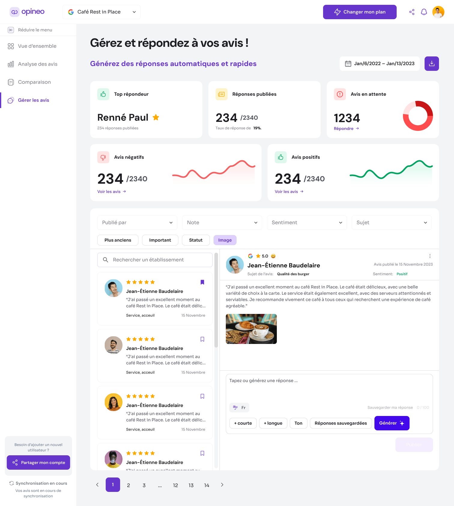 Opineo Manager is an AI-powered platform that simplifies Google Review management by analyzing customer feedback and generating actionable insights. It helps businesses transform thousands of reviews into meaningful data through smart analysis and custom reporting. - Image 5