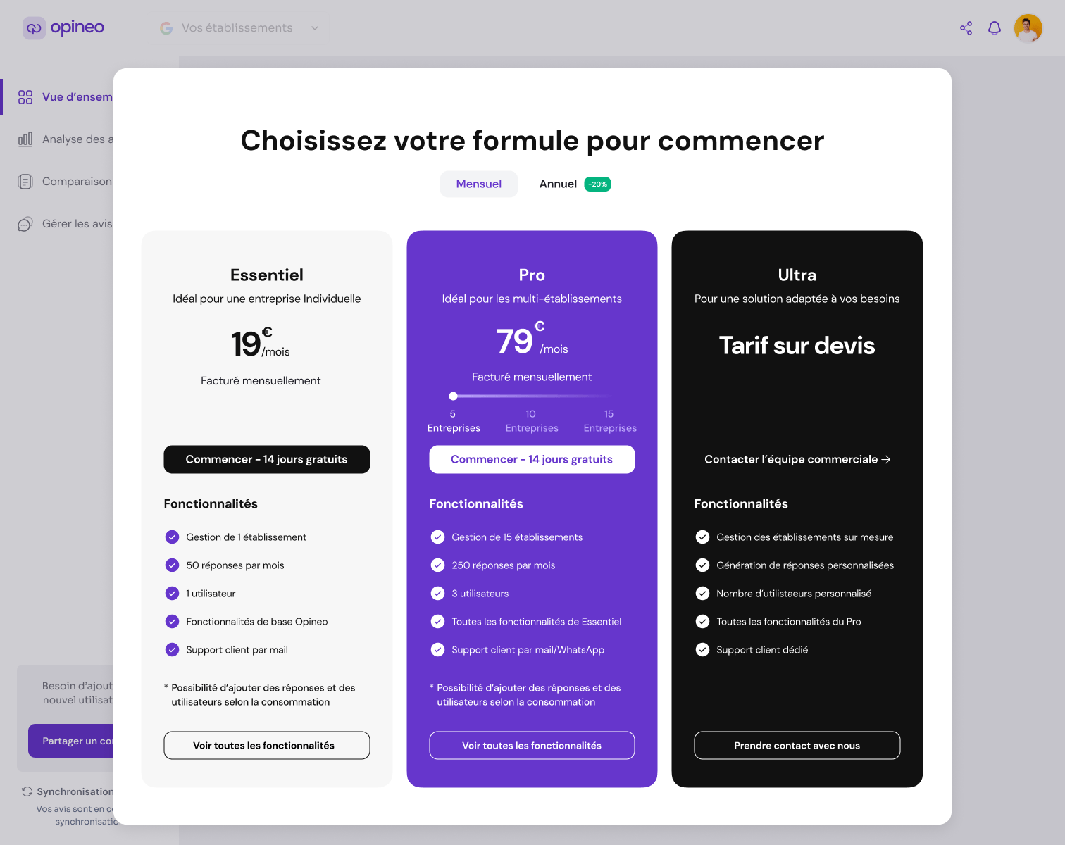 Opineo Manager is an AI-powered platform that simplifies Google Review management by analyzing customer feedback and generating actionable insights. It helps businesses transform thousands of reviews into meaningful data through smart analysis and custom reporting. - Image 3