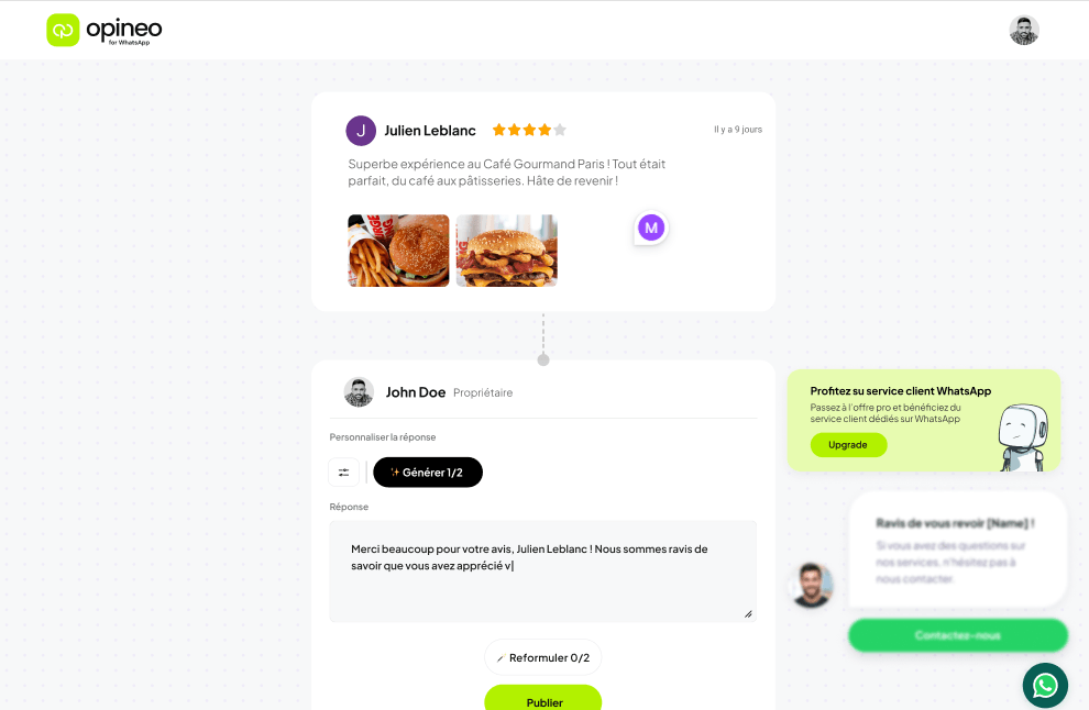 Opineo WhatsApp connects your Google Reviews directly to WhatsApp, enabling quick and efficient review management through your messaging app. It uses AI to generate personalized responses, making it easy to maintain your online reputation while saving valuable time. - Image 10