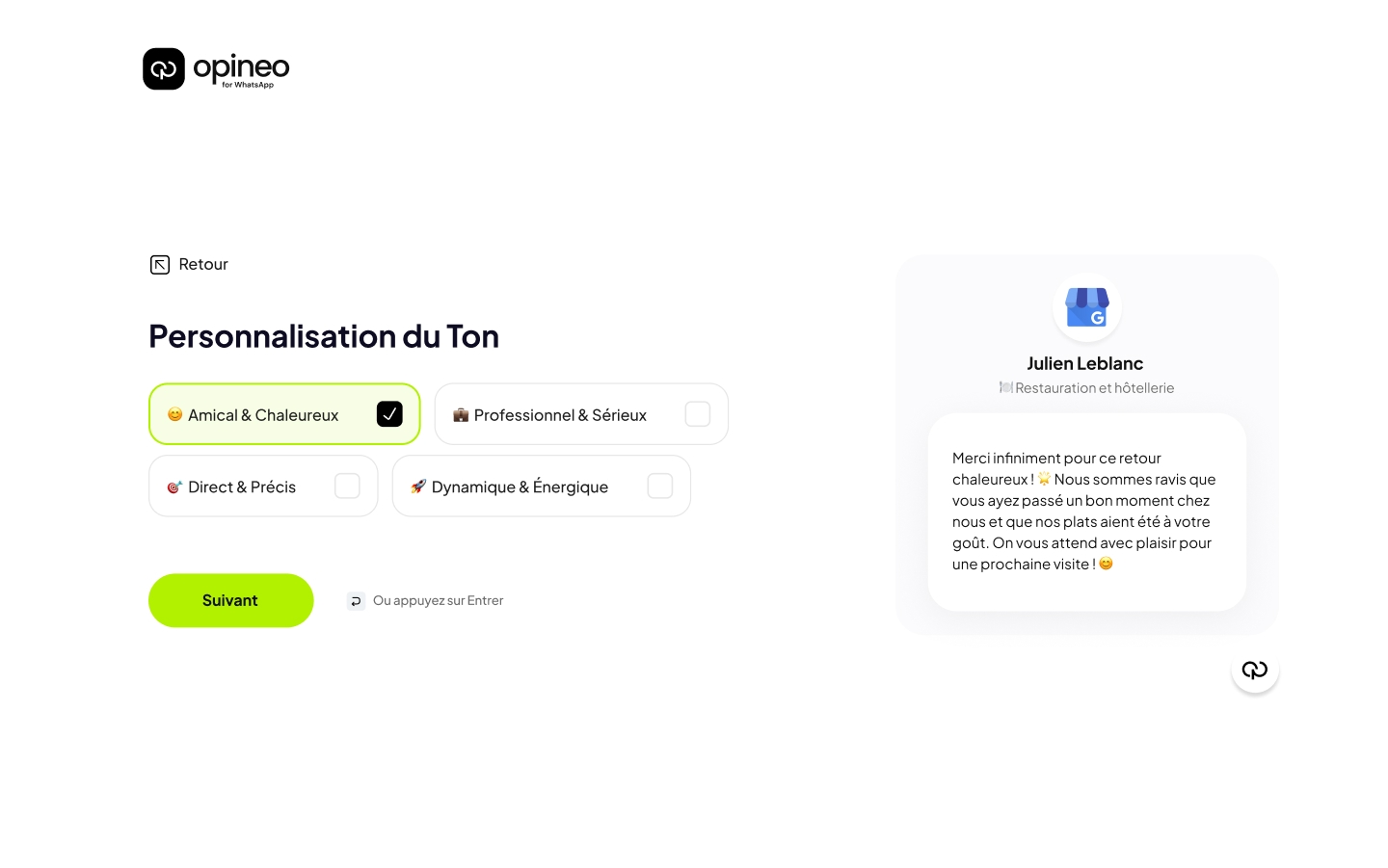 Opineo WhatsApp connects your Google Reviews directly to WhatsApp, enabling quick and efficient review management through your messaging app. It uses AI to generate personalized responses, making it easy to maintain your online reputation while saving valuable time. - Image 5