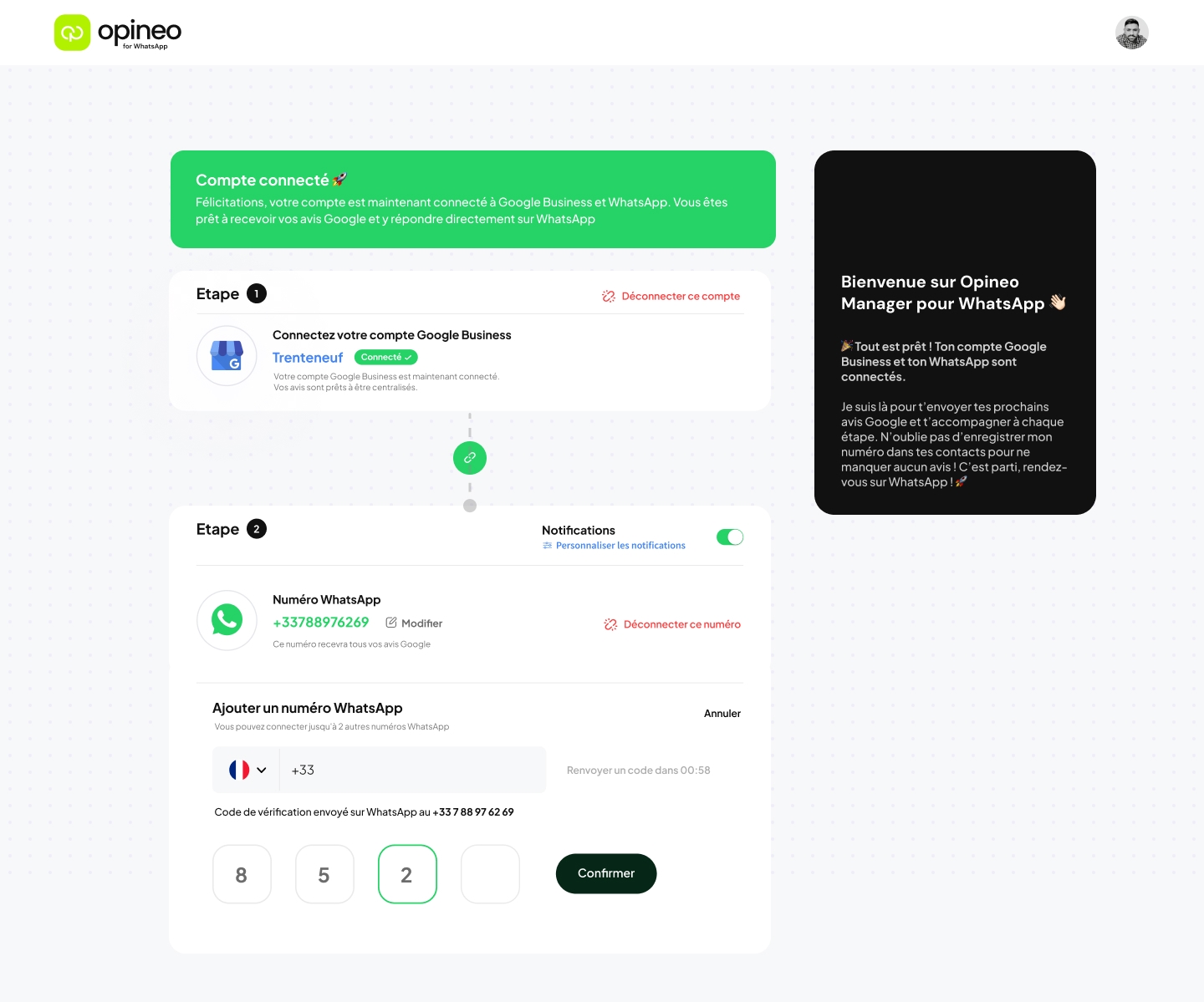 Opineo WhatsApp connects your Google Reviews directly to WhatsApp, enabling quick and efficient review management through your messaging app. It uses AI to generate personalized responses, making it easy to maintain your online reputation while saving valuable time. - Image 2