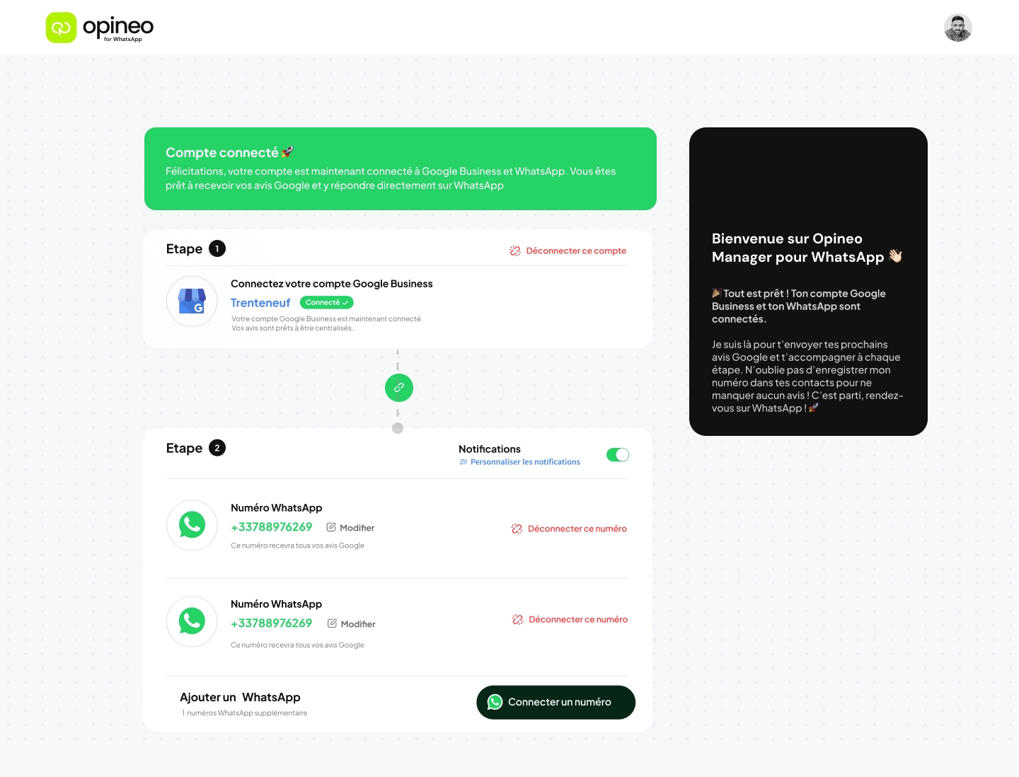Opineo WhatsApp connects your Google Reviews directly to WhatsApp, enabling quick and efficient review management through your messaging app. It uses AI to generate personalized responses, making it easy to maintain your online reputation while saving valuable time. - Image 3
