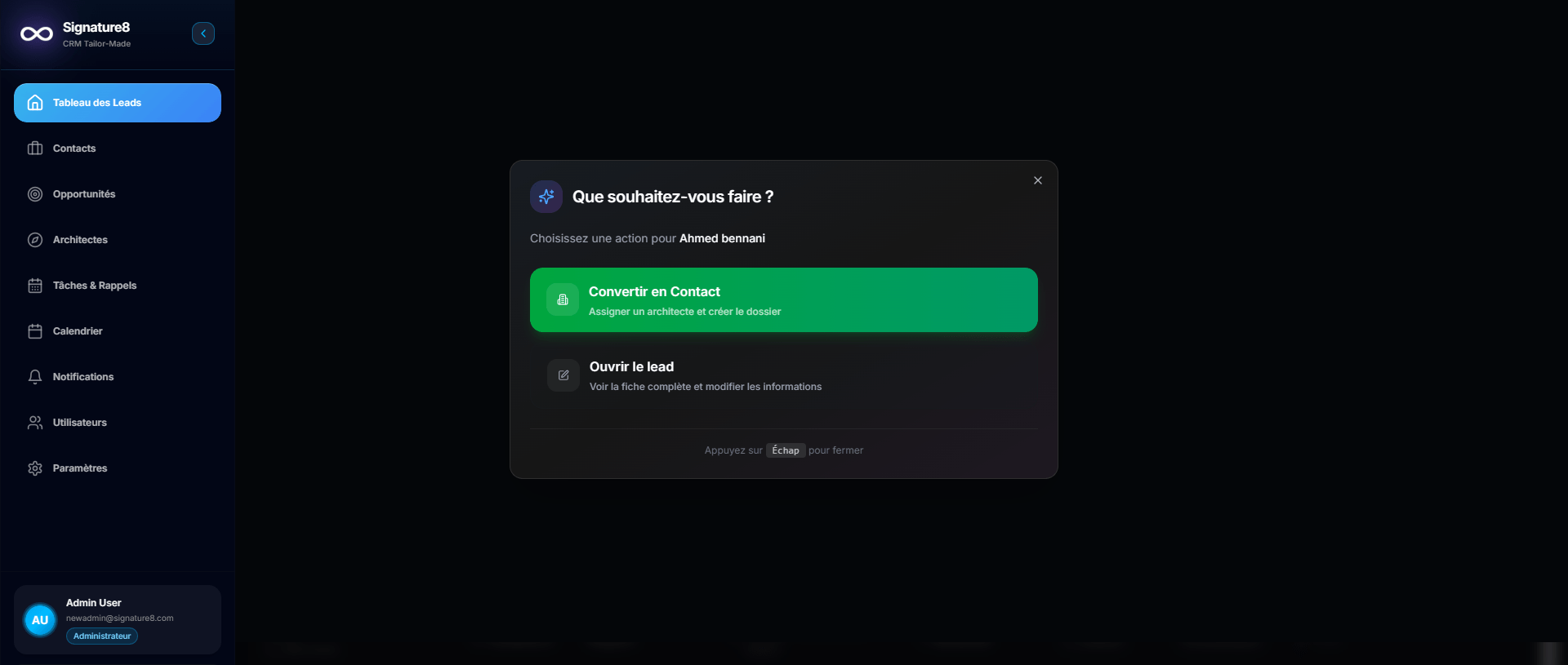 Signature8 CRM is a lead management platform that helps businesses organize their sales pipeline, track customer interactions, and improve conversion rates. The system provides a clear view of all leads from first contact to final sale. - Image 2