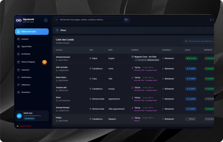 Signature8 CRM is a lead management platform that helps businesses organize their sales pipeline, track customer interactions, and improve conversion rates. The system provides a clear view of all leads from first contact to final sale.