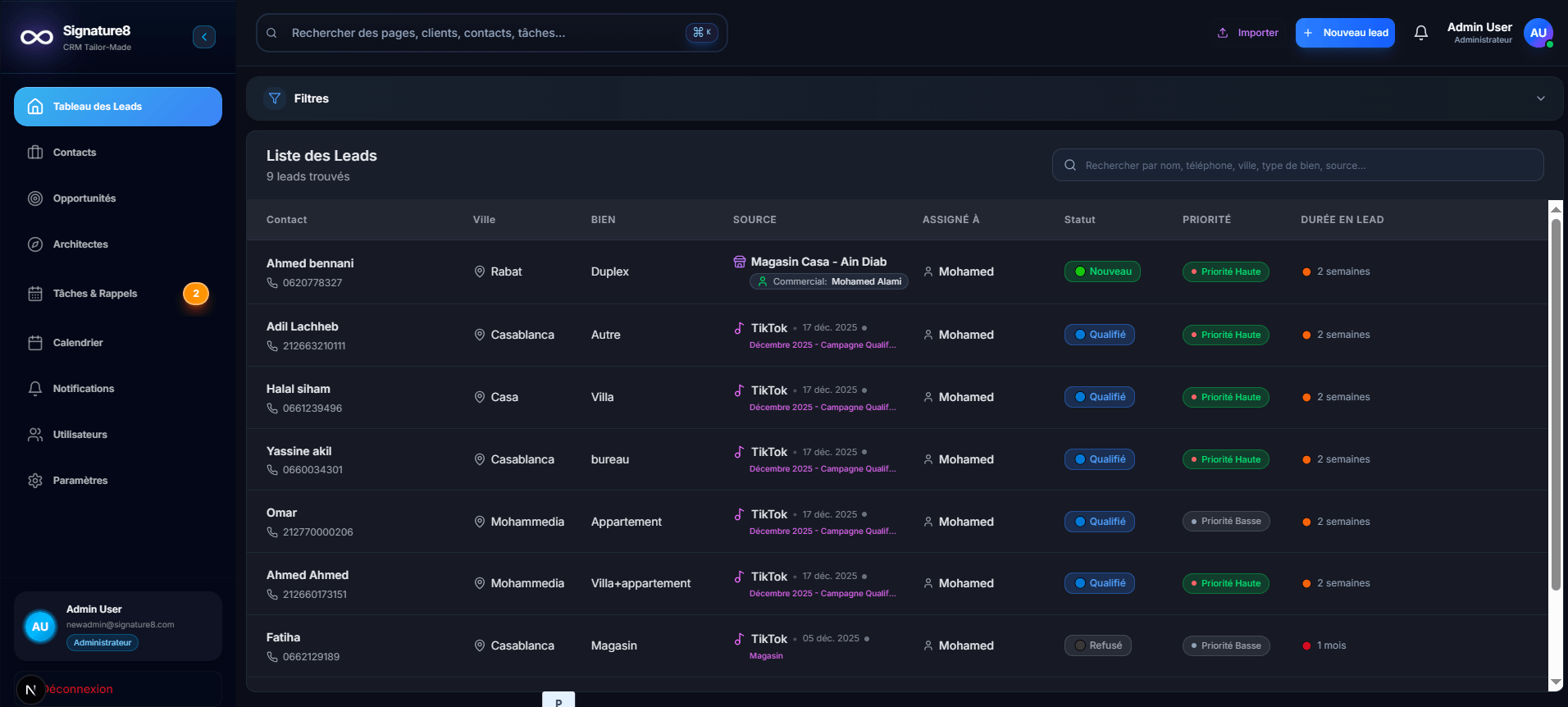 Signature8 CRM is a lead management platform that helps businesses organize their sales pipeline, track customer interactions, and improve conversion rates. The system provides a clear view of all leads from first contact to final sale. - Image 1
