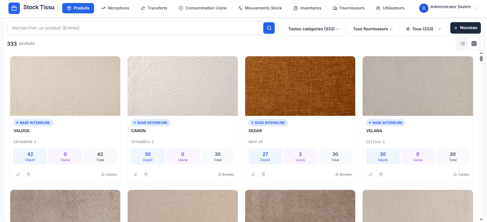 A complete web application built to help fabric businesses manage their inventory efficiently. The system tracks fabrics across multiple locations (warehouse and factory) with real-time stock updates and visual product catalog. - Image 2