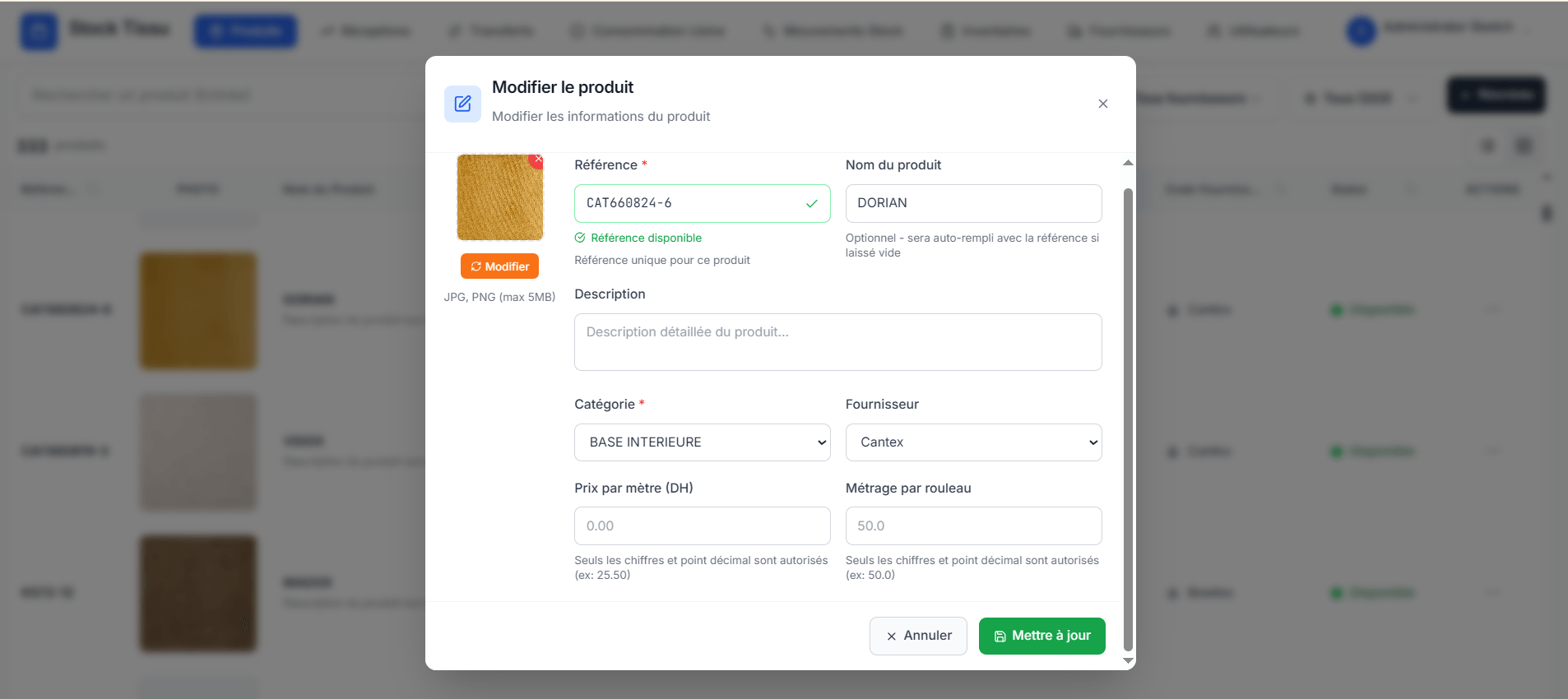 A complete web application built to help fabric businesses manage their inventory efficiently. The system tracks fabrics across multiple locations (warehouse and factory) with real-time stock updates and visual product catalog. - Image 4