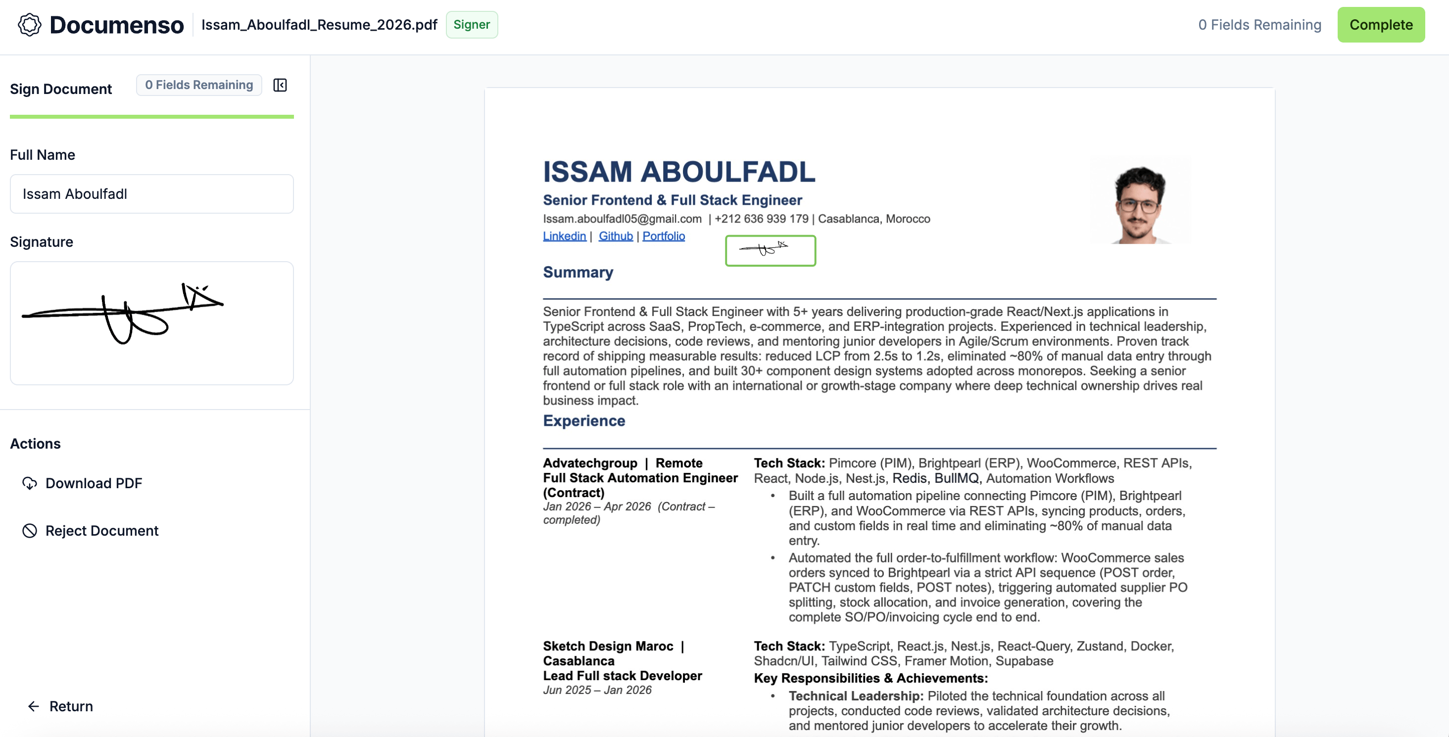 DocuBridge is a DocuSign-style SaaS I engineered end-to-end: public signing profiles, multi-step document editor with drag-and-drop fields, recipient workflows, lifecycle tracking (draft → pending → completed), and a frictionless signing experience—showcasing full-stack delivery, complex UI state, and production-ready UX. - Image 5