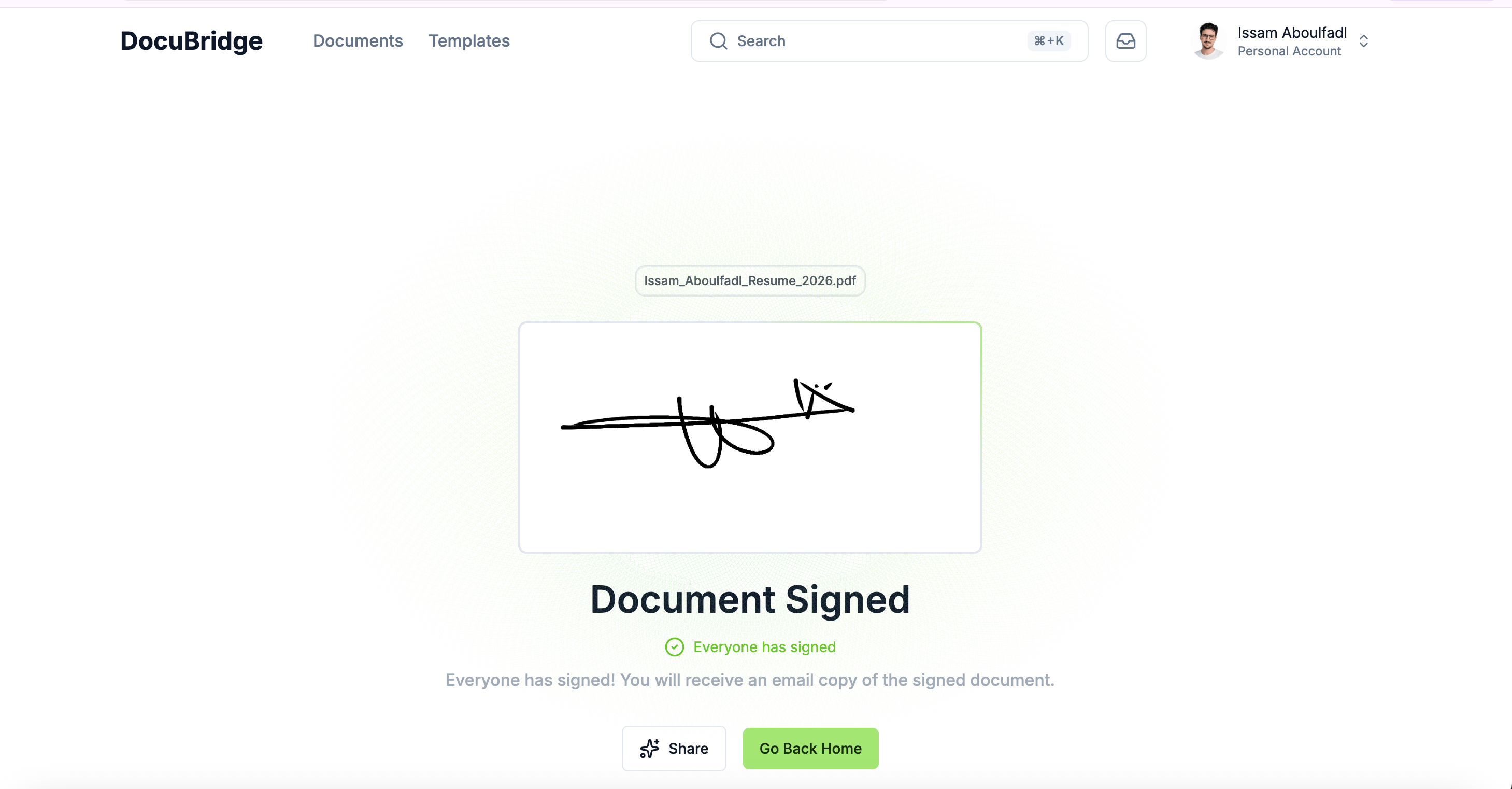 DocuBridge is a DocuSign-style SaaS I engineered end-to-end: public signing profiles, multi-step document editor with drag-and-drop fields, recipient workflows, lifecycle tracking (draft → pending → completed), and a frictionless signing experience—showcasing full-stack delivery, complex UI state, and production-ready UX. - Image 11