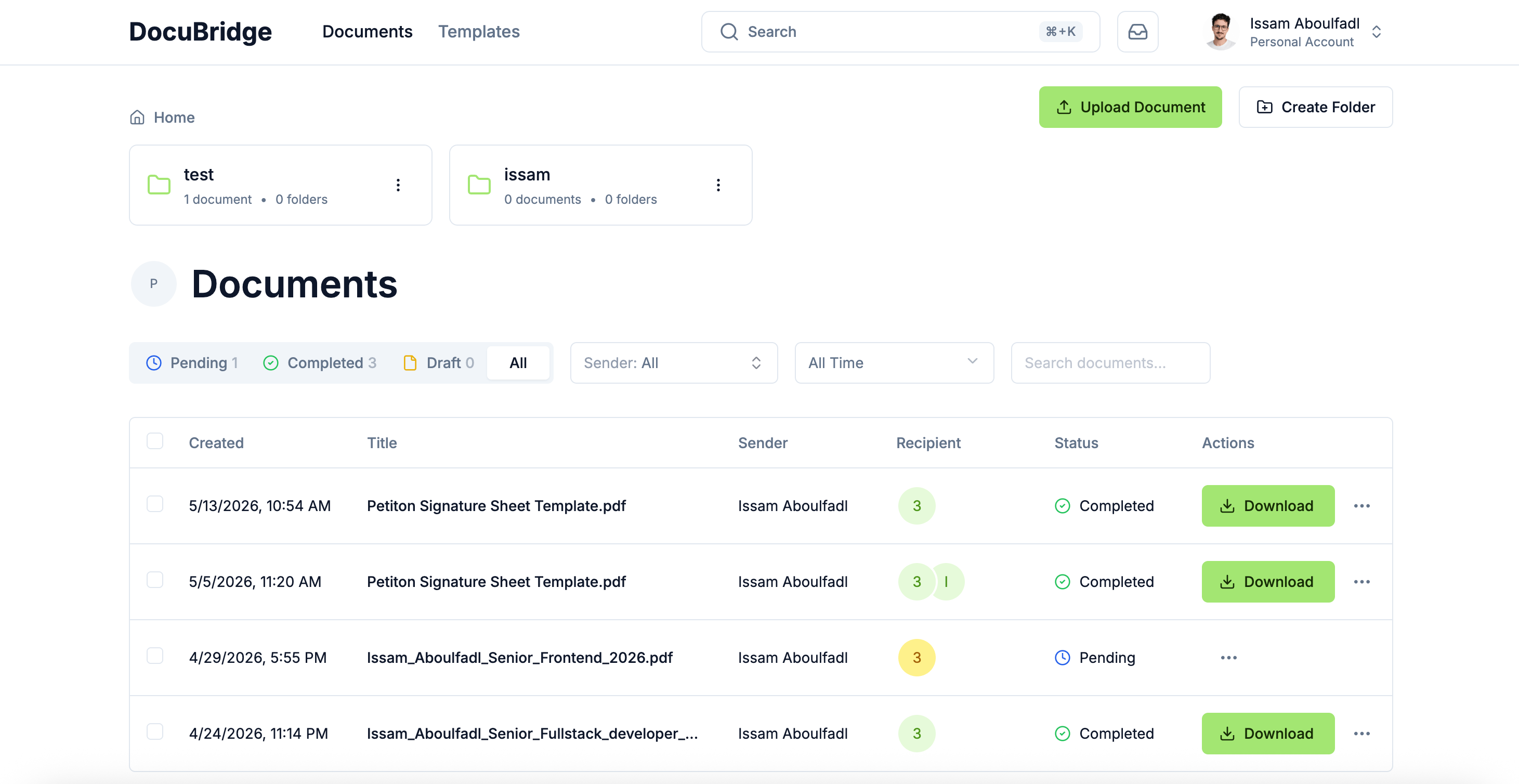 DocuBridge is a DocuSign-style SaaS I engineered end-to-end: public signing profiles, multi-step document editor with drag-and-drop fields, recipient workflows, lifecycle tracking (draft → pending → completed), and a frictionless signing experience—showcasing full-stack delivery, complex UI state, and production-ready UX. - Image 2