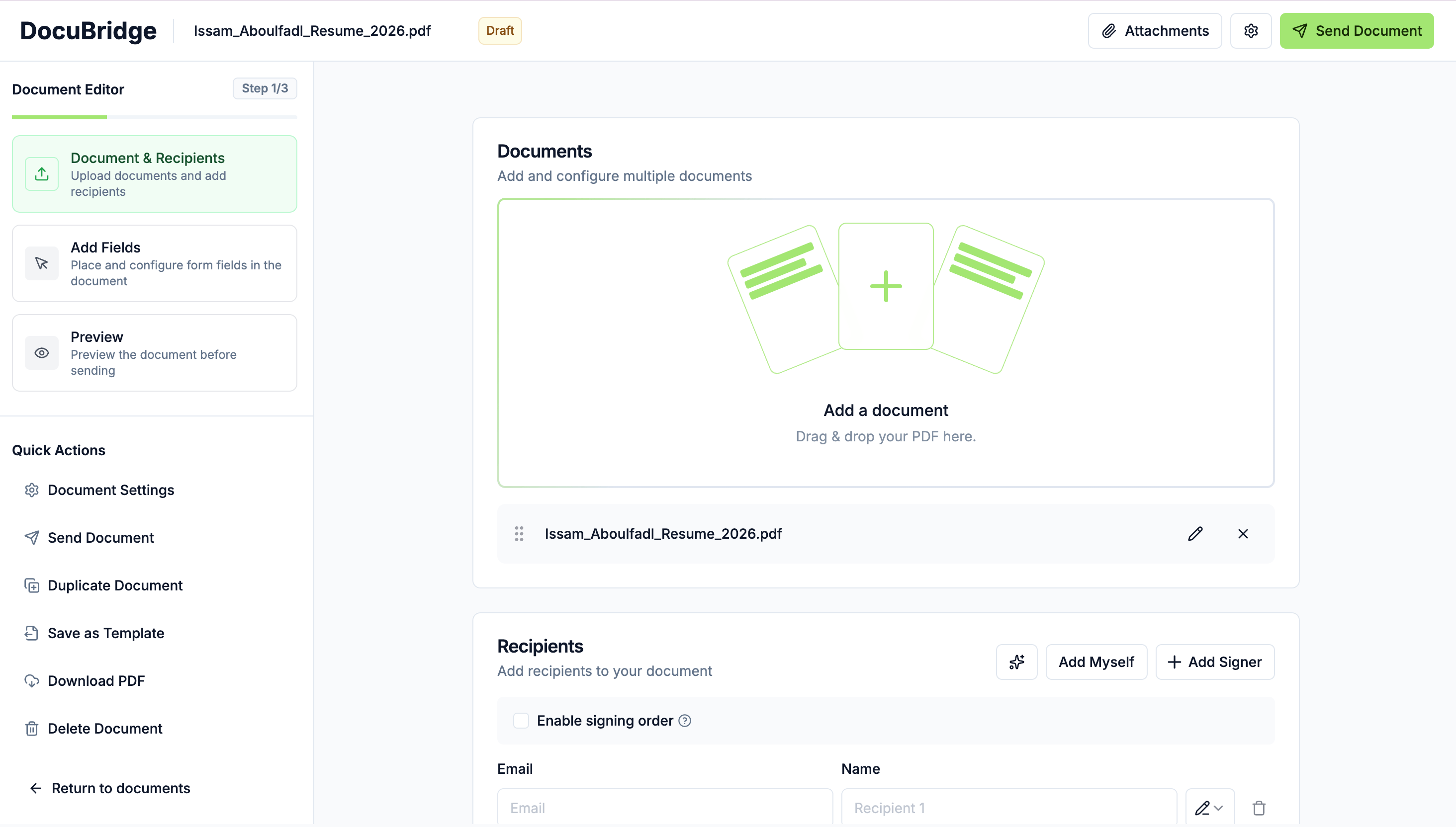 DocuBridge is a DocuSign-style SaaS I engineered end-to-end: public signing profiles, multi-step document editor with drag-and-drop fields, recipient workflows, lifecycle tracking (draft → pending → completed), and a frictionless signing experience—showcasing full-stack delivery, complex UI state, and production-ready UX. - Image 7