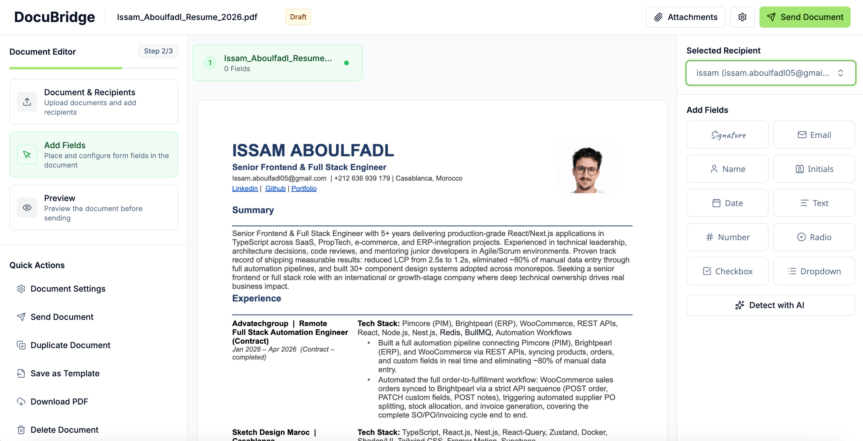 DocuBridge is a DocuSign-style SaaS I engineered end-to-end: public signing profiles, multi-step document editor with drag-and-drop fields, recipient workflows, lifecycle tracking (draft → pending → completed), and a frictionless signing experience—showcasing full-stack delivery, complex UI state, and production-ready UX. - Image 3