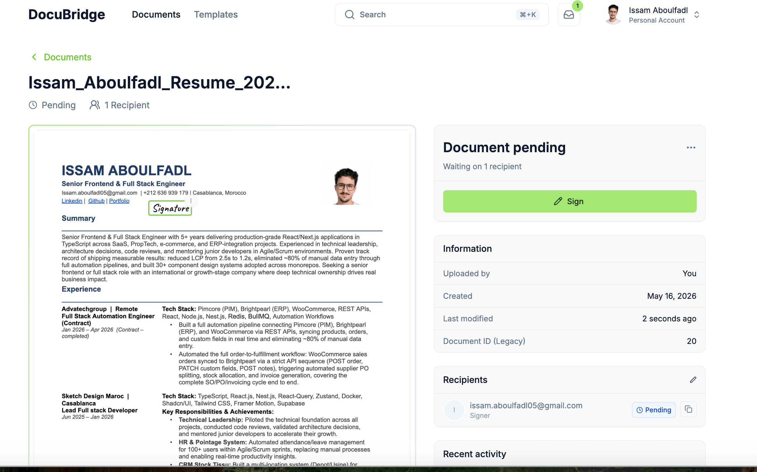 DocuBridge is a DocuSign-style SaaS I engineered end-to-end: public signing profiles, multi-step document editor with drag-and-drop fields, recipient workflows, lifecycle tracking (draft → pending → completed), and a frictionless signing experience—showcasing full-stack delivery, complex UI state, and production-ready UX. - Image 4