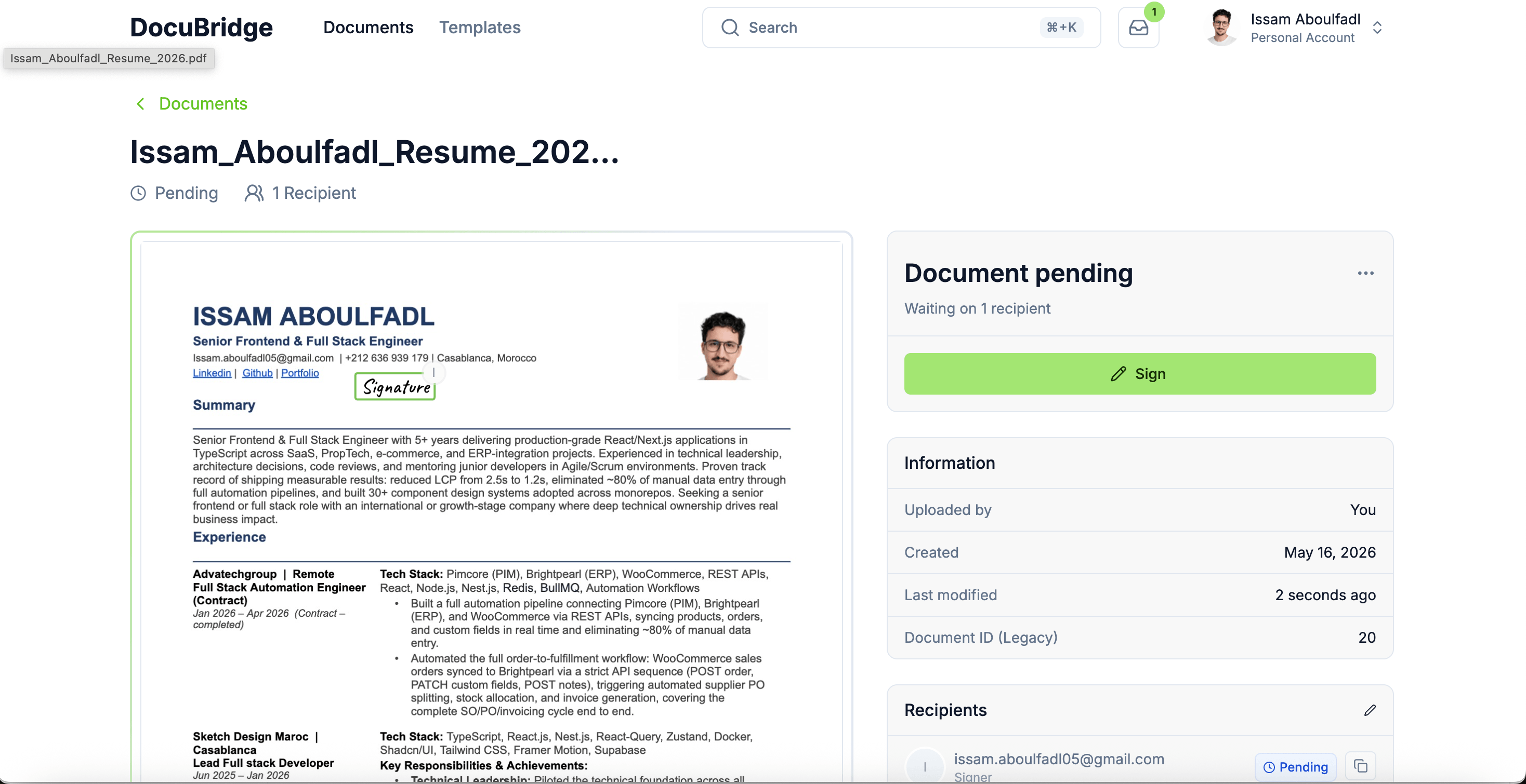DocuBridge is a DocuSign-style SaaS I engineered end-to-end: public signing profiles, multi-step document editor with drag-and-drop fields, recipient workflows, lifecycle tracking (draft → pending → completed), and a frictionless signing experience—showcasing full-stack delivery, complex UI state, and production-ready UX. - Image 9