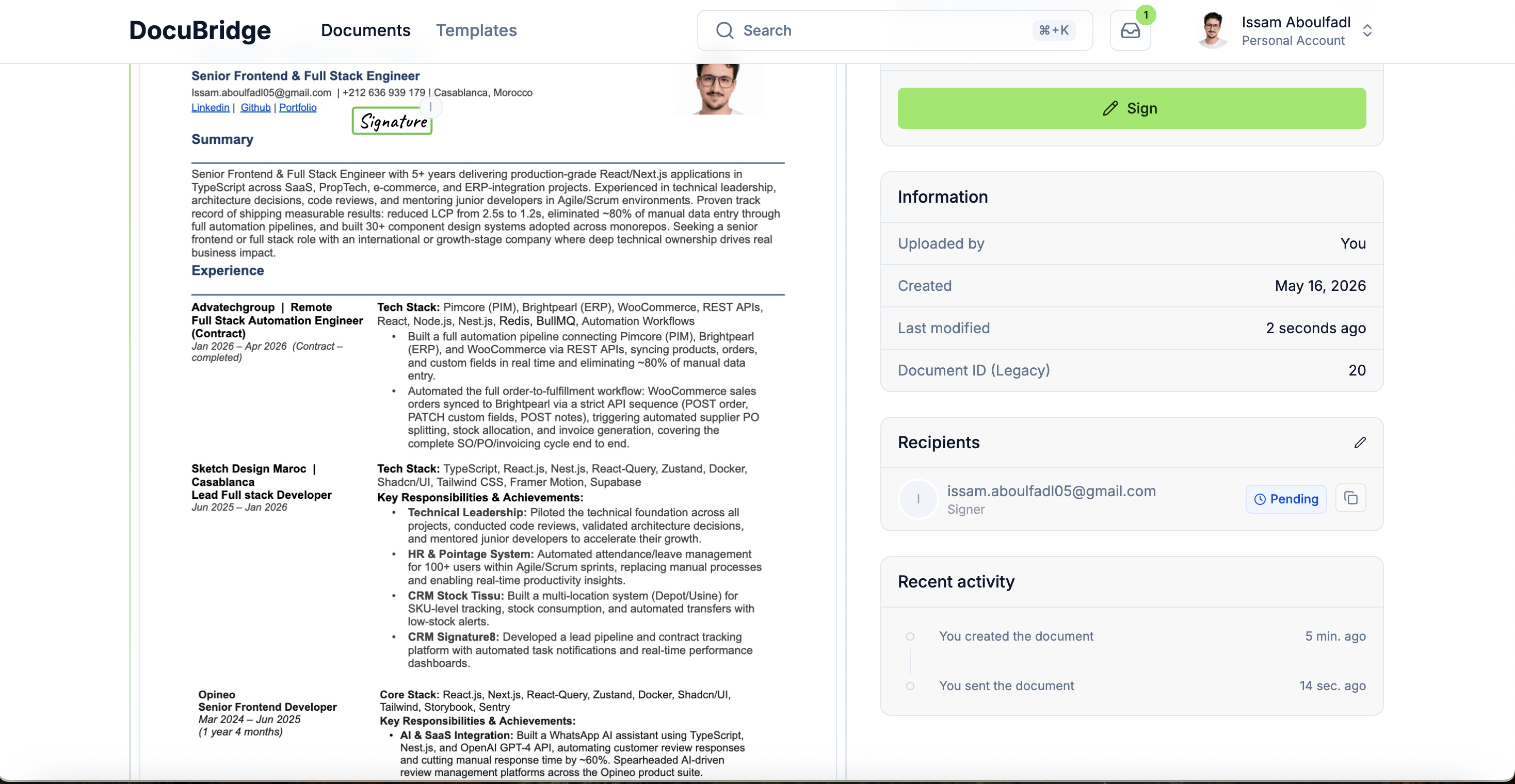 DocuBridge is a DocuSign-style SaaS I engineered end-to-end: public signing profiles, multi-step document editor with drag-and-drop fields, recipient workflows, lifecycle tracking (draft → pending → completed), and a frictionless signing experience—showcasing full-stack delivery, complex UI state, and production-ready UX. - Image 10